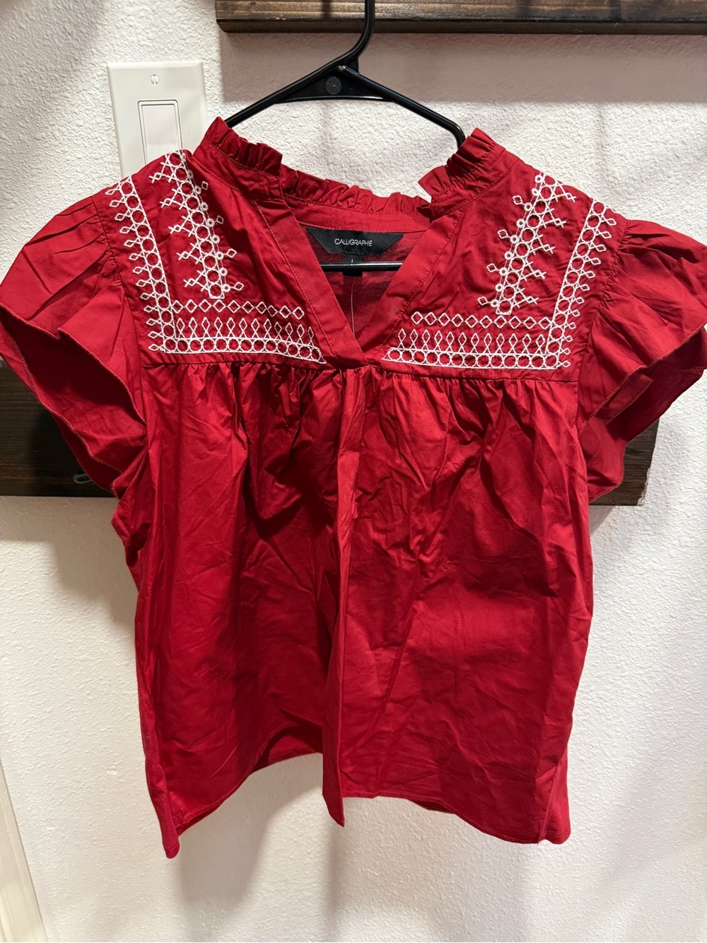 Calligraphie Red Embroidered Short Sleeve Top